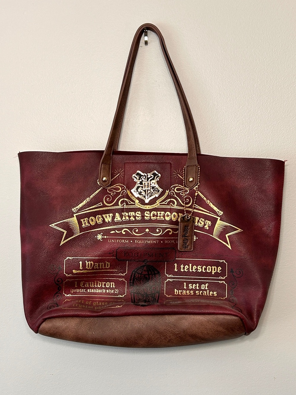 Fantastic Harry Potter Hogwarts School List Burgundy Faux Leather Tote Bag Crest
